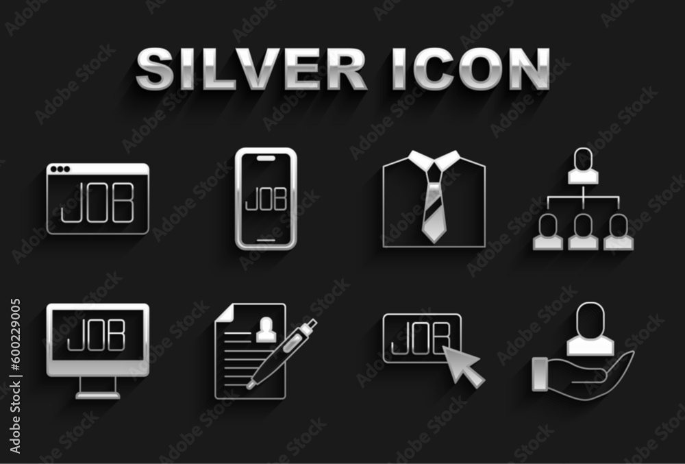 Set Resume, Employee hierarchy, Worker, Search job, Tie, and icon. Vector