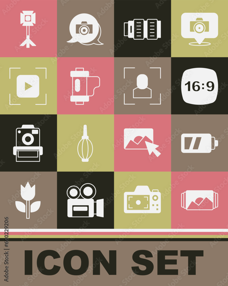 Set Photo frame, Battery for camera, 16, Camera photo lens, film roll cartridge, focus line, Studio light bulb softbox and icon. Vector