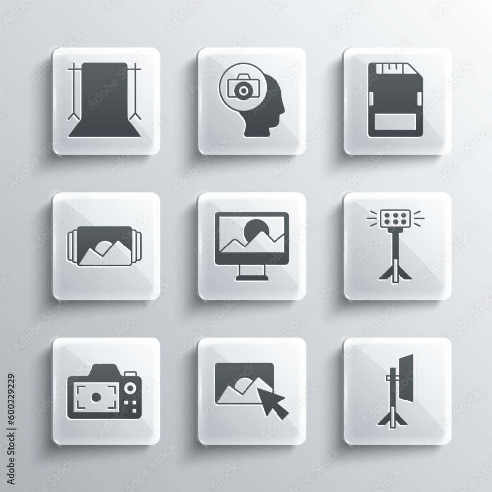 Set Photo retouching, Studio light bulb softbox, camera, frame, Empty photo studio and SD card icon. Vector