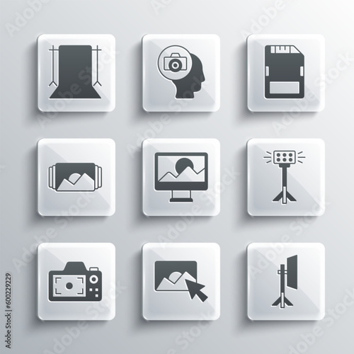 Set Photo retouching, Studio light bulb softbox, camera, frame, Empty photo studio and SD card icon. Vector