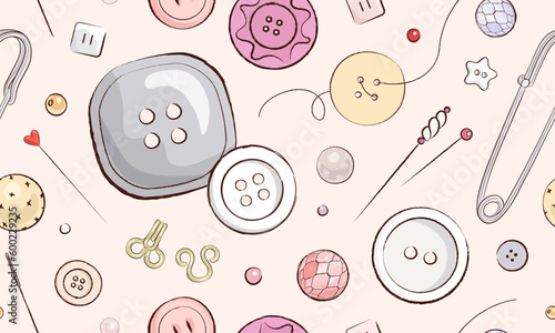Seamless pattern with hand drawn buttons and sewing tools. Sewing pattern. Vector illustration