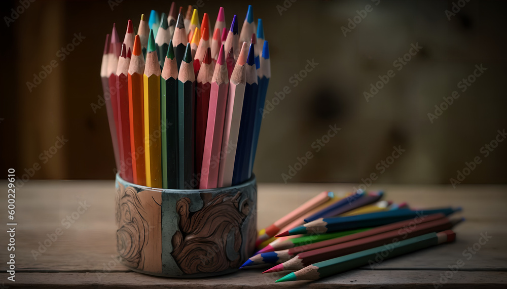 There is a small vase of colored pencils on the table.
There is a small vase of colored pencils on the table.