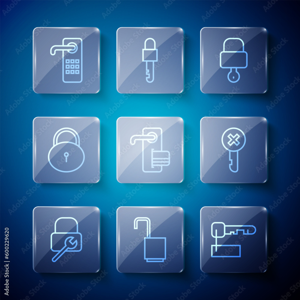 Set line Lock repair, Open padlock, Marked key, and, Digital door, and Wrong icon. Vector Set line Lock repair, Open padlock, Marked key, and, Digital door, and Wrong icon. Vector