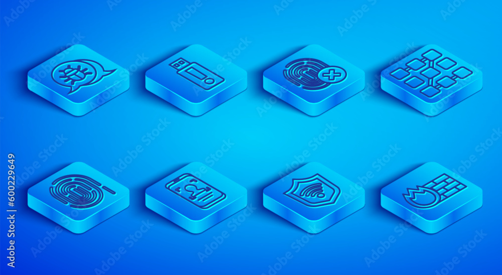 Set line System bug, USB flash drive, Cancelled fingerprint, Mobile and face recognition, Shield with WiFi wireless, Graphic password protection, Fingerprint and Firewall, security wall icon. Vector