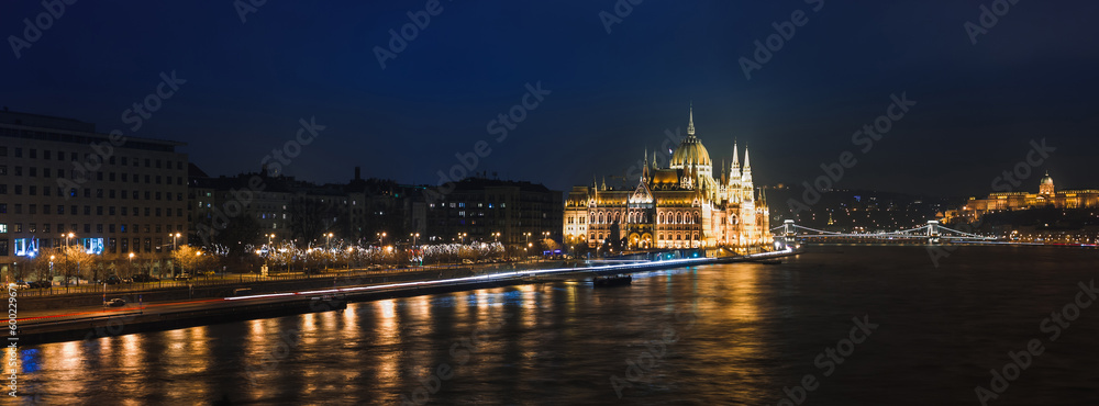 Night view of Budapest, Hungary, Europe. Danube river and bridges