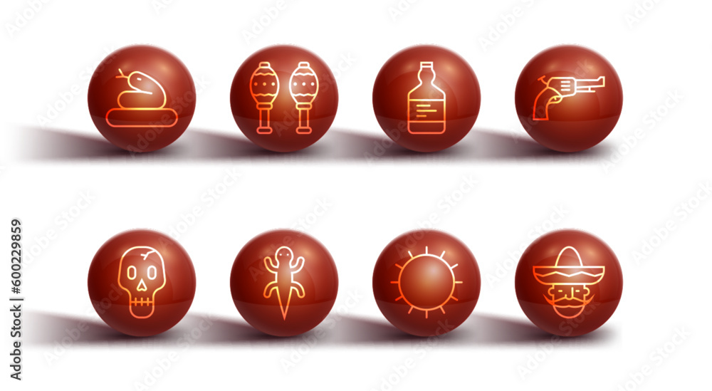 Set line Snake, Skull, Revolver gun, Sun, Lizard, Maracas, Mexican man sombrero and Tequila bottle icon. Vector Set line Snake, Skull, Revolver gun, Sun, Lizard, Maracas, Mexican man sombrero and Tequila bottle icon. Vector