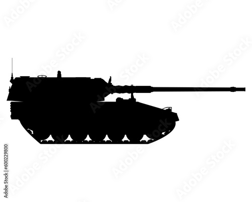 Self-propelled howitzer silhouette. German 155 mm Panzerhaubitze 2000. Military armored vehicle. Vector illustration isolated on white background.