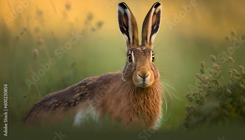 European hare stands in the grass and looking at the camera. Lepus europaeus photo