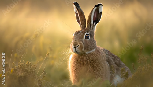 European hare stands in the grass and looking at the camera. Lepus europaeus