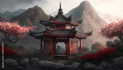 Asian style pavilion made of wood in the enchanted garden where cloud met mountain peak and red flower blossom