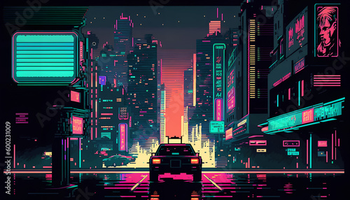 Art Illustration of a Cyberpunk Cityscape at Night with Skyscrapers © Oleksandr