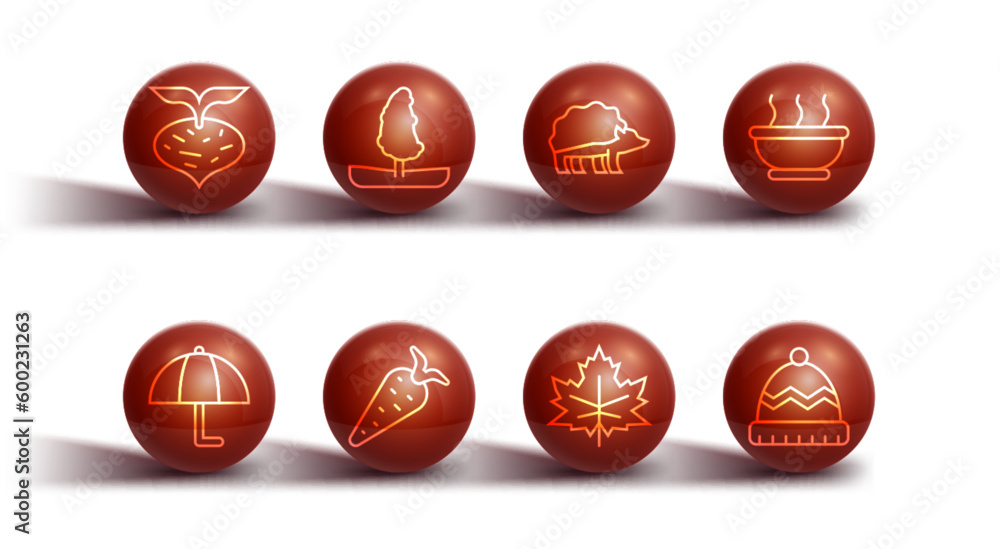 Set line Beet, Umbrella, Bowl of hot soup, Leaf or leaves, Carrot, Tree, Winter hat and Hedgehog icon. Vector Set line Beet, Umbrella, Bowl of hot soup, Leaf or leaves, Carrot, Tree, Winter hat and Hedgehog icon. Vector