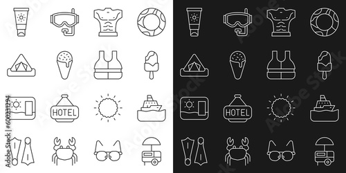Set line Fast street food cart, Cruise ship, Ice cream, Bodybuilder muscle, in waffle cone, Tourist tent, Sunscreen tube and Life jacket icon. Vector