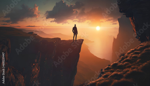 Man standing on top of cliff at sunset