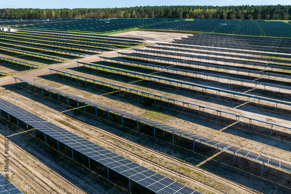 Aerial shot top view of solar panel photovoltaic farm in Poland