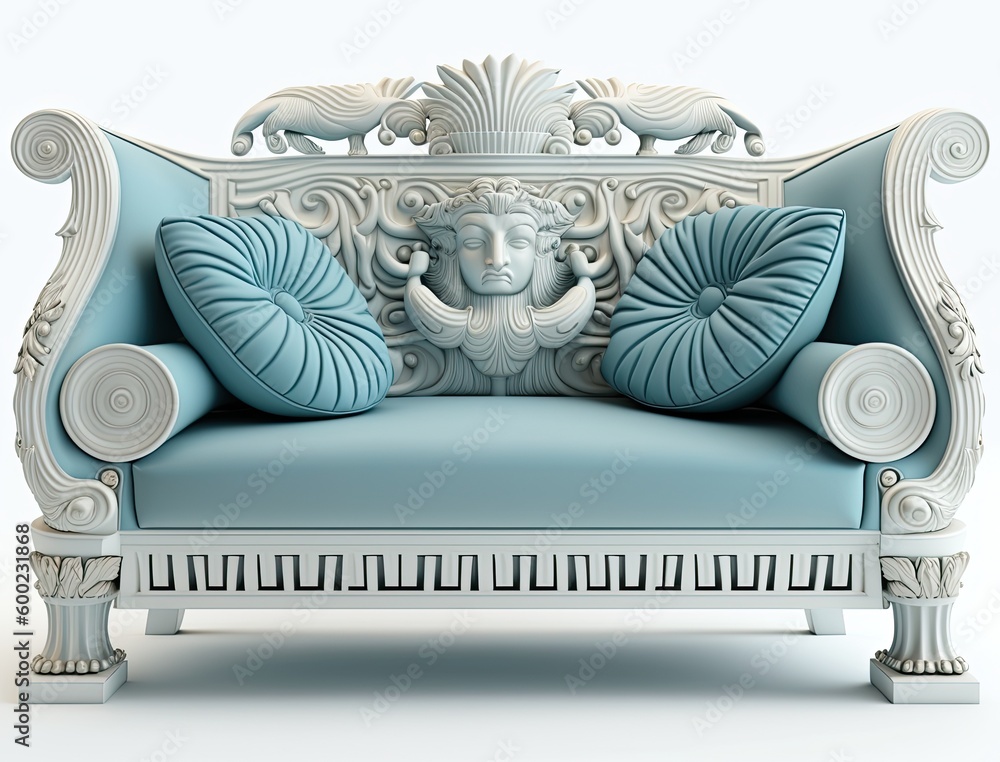 Light blue greek style sofa with sculpture inside isolated on white background, generative ai