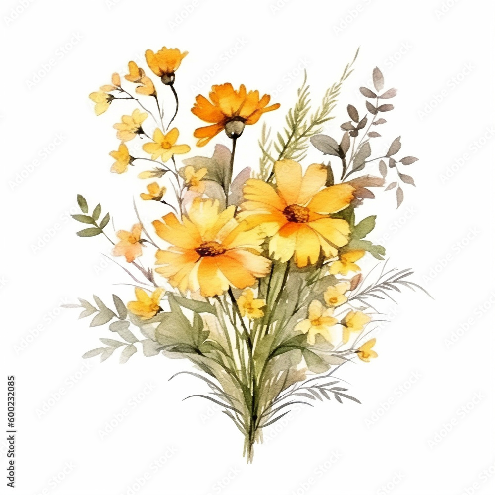 Flower bouquet in a watercolor version with yellow flowers