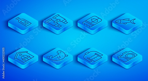 Set line Bottle of vodka, Binoculars, Ticket Iceland, Fur seal animal, Sweater, Fish, Farm house and Photo camera icon. Vector