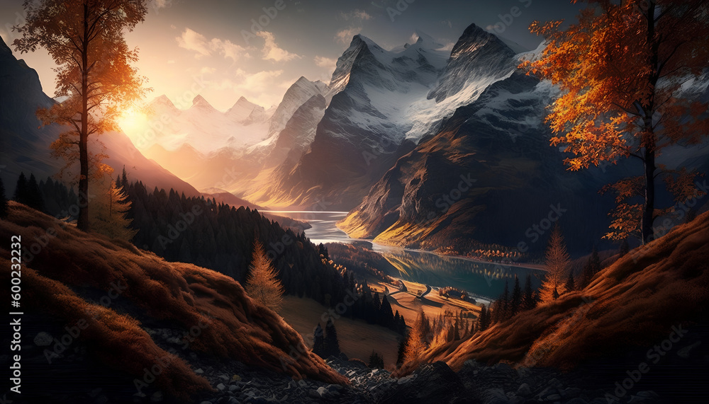 Autumn mountains at sunrise in Switzerland