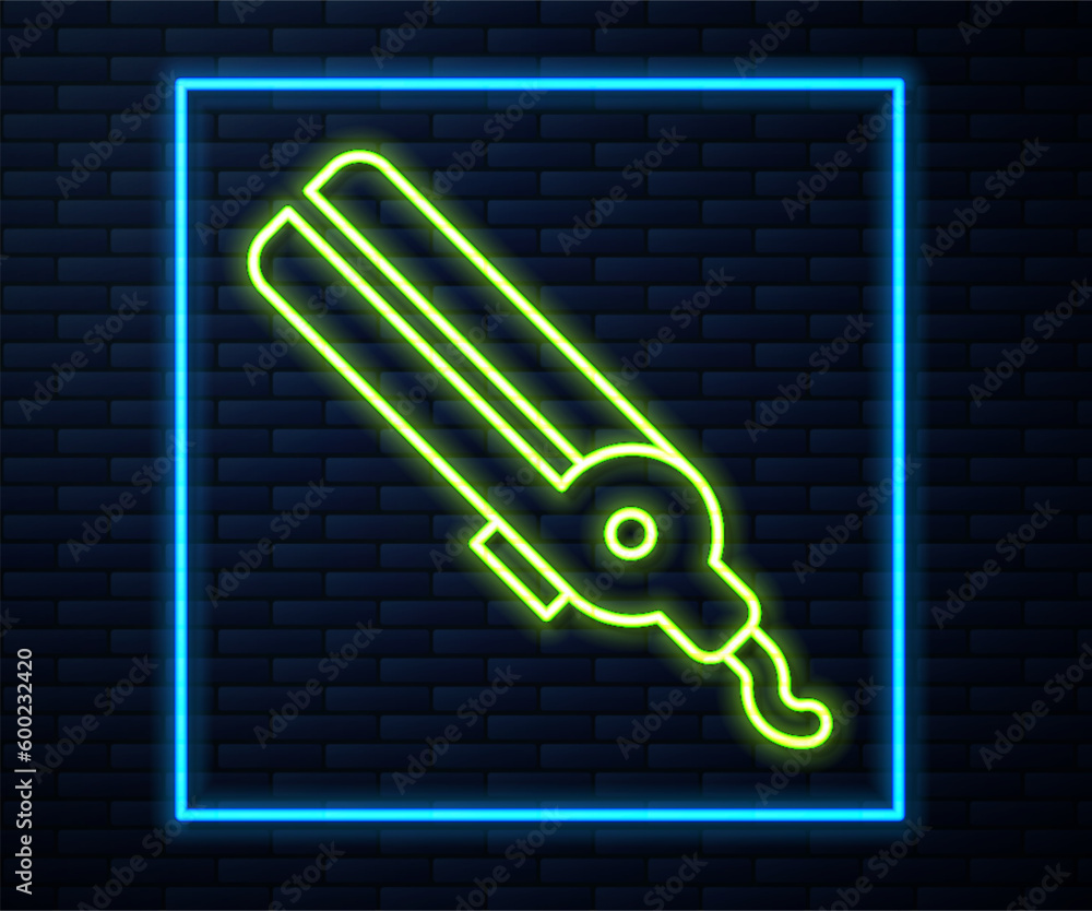 Glowing neon line Curling iron for hair icon isolated on brick wall background. Hair straightener icon. Vector Glowing neon line Curling iron for hair icon isolated on brick wall background. Hair straightener icon. Vector