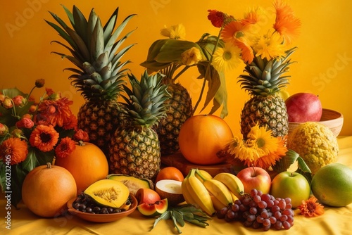Lively Tropical Fruit Arrangement on a Bright Yellow Background