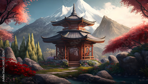 Asian style pavilion made of wood in the enchanted garden where cloud met mountain peak and red flower blossom
