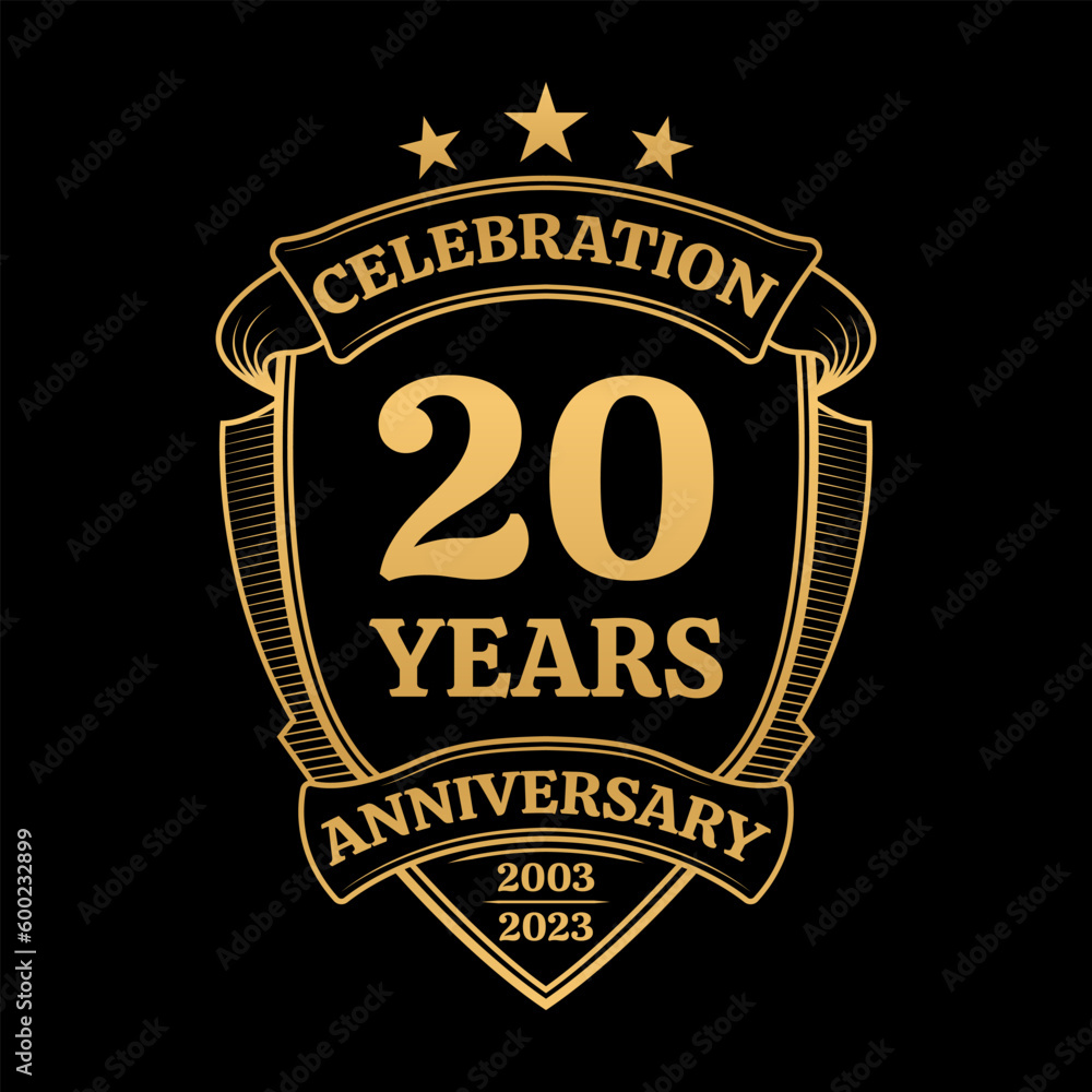 20 years anniversary icon or logo. 20th yubilee celebration, business company birthday badge or label. Vintage banner with shield and ribbon. Wedding, invitation design element. Vector illustration.