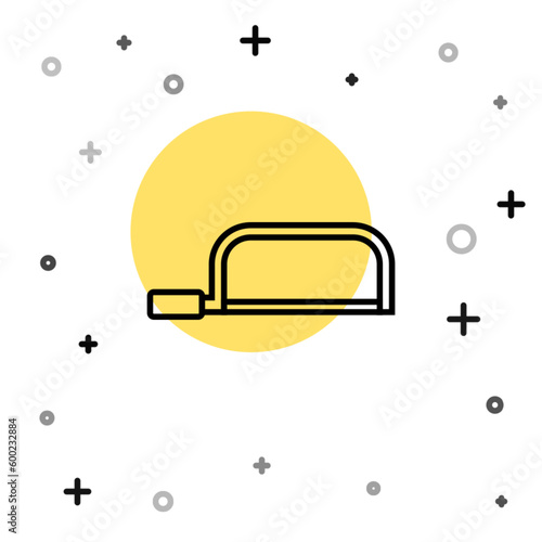 Black line Hacksaw icon isolated on white background. Metal saw for wood and metal. Random dynamic shapes. Vector