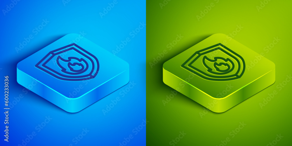 Isometric line Fire protection shield icon isolated on blue and green background. Insurance concept. Security, safety, protection, protect concept. Square button. Vector Isometric line Fire protection shield icon isolated on blue and green background. Insurance concept. Security, safety, protection, protect concept. Square button. Vector