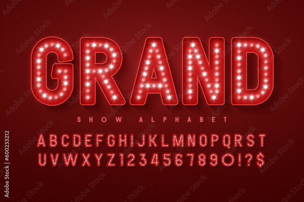 Retro cinema alphabet design, cabaret, LED lamps letters and numbers.