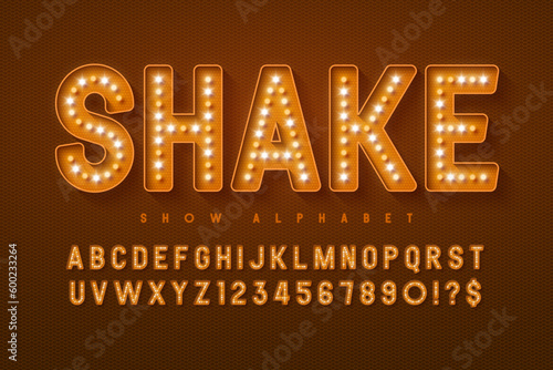 Retro cinema alphabet design, cabaret, LED lamps letters and numbers.