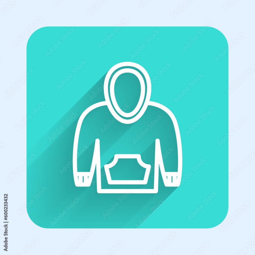 White line Hoodie icon isolated with long shadow background. Hooded sweatshirt. Green square button. Vector White line Hoodie icon isolated with long shadow background. Hooded sweatshirt. Green square button. Vector