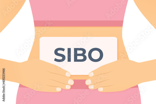 woman holds card with SIBO (small intestinal bacterial overgrowth)) diagnosis on her belly - vector illustration