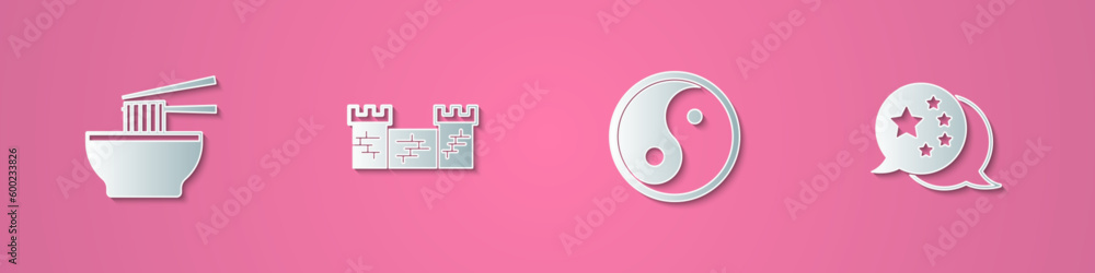 Set paper cut Asian noodles in bowl, Great wall of China, Yin Yang and flag icon. Paper art style. Vector Set paper cut Asian noodles in bowl, Great wall of China, Yin Yang and flag icon. Paper art style. Vector