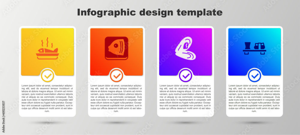 Set Served fish on a plate, Fish head, Mussel and Sushi cutting board. Business infographic template. Vector Set Served fish on a plate, Fish head, Mussel and Sushi cutting board. Business infographic template. Vector