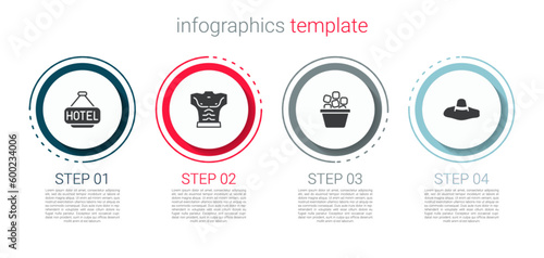 Set Signboard with text Hotel, Bodybuilder muscle, Ice bucket and Elegant women hat. Business infographic template. Vector