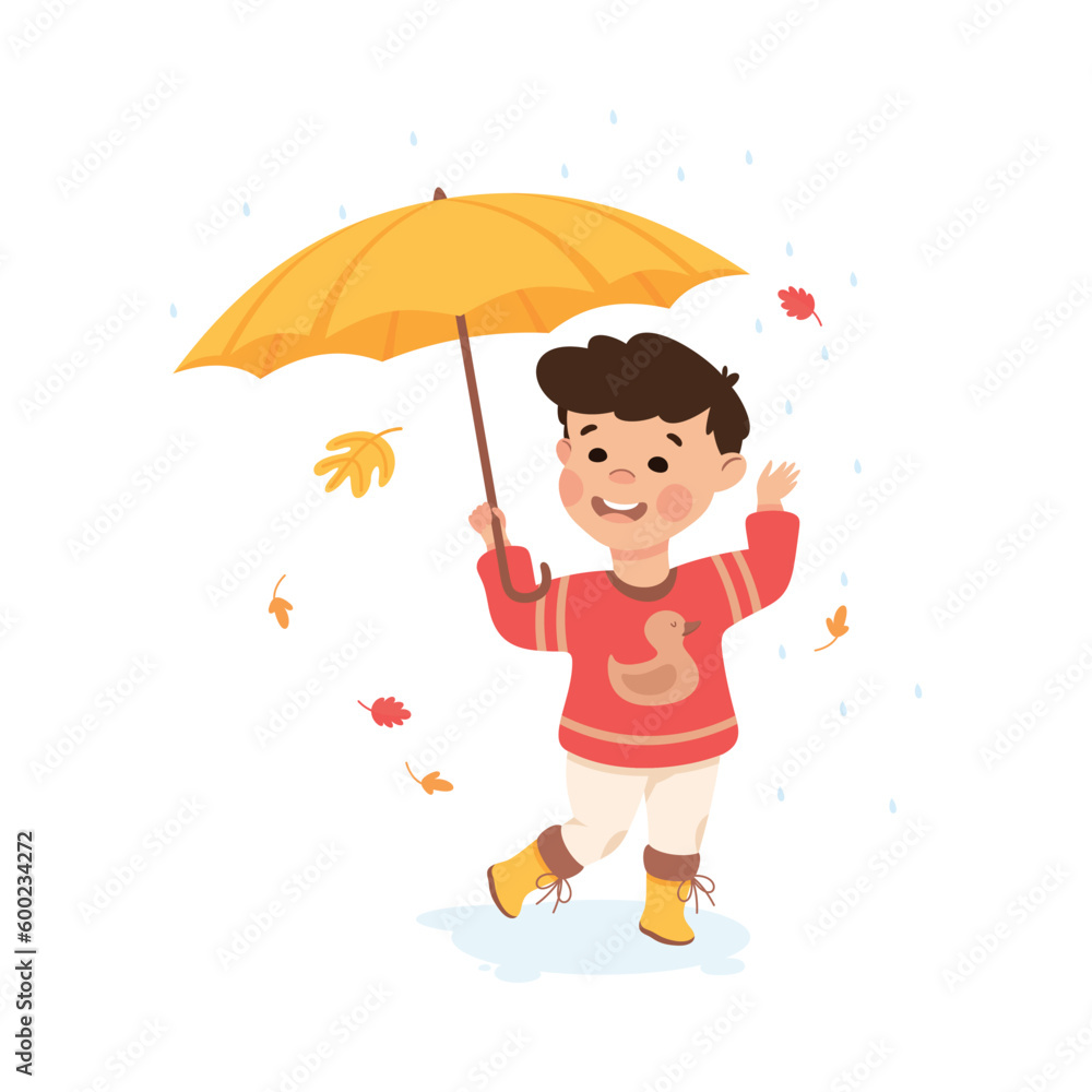 Cute little boy walking with umbrella in rain. Happy kid playing outdoors cartoon vector illustration Cute little boy walking with umbrella in rain. Happy kid playing outdoors cartoon vector illustration