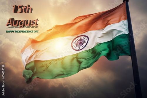 Generative AI. Independence Day of India concept. flag of India against the sky with the inscription.  photo