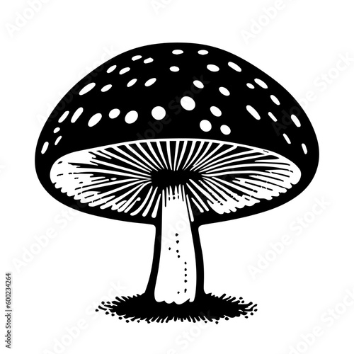 Black hand-drawn vector illustration of One fresh mushroom Fly agaric isolated on a white background