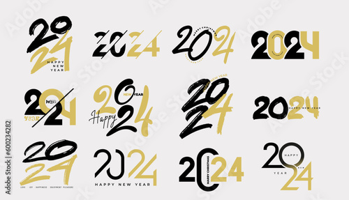 Happy New Year 2024 with golden lines. Set of vector background for happy new year 2024 celebration. Vector typography logo design concept. Collection of Happy new year gold logo design.