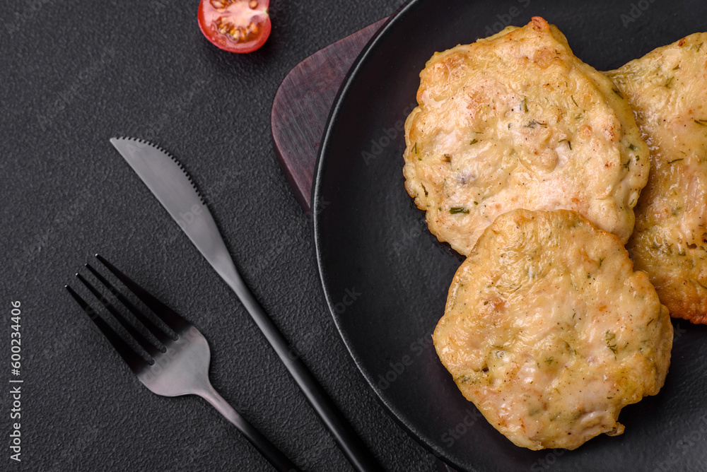 Delicious fried chopped fillet pancakes with spices, salt and herbs Delicious fried chopped fillet pancakes with spices, salt and herbs