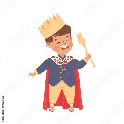 Little Boy Actor in Theater Costume of King with Crown and Mantle Showing Performance Vector Illustration