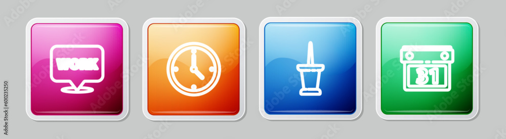 Set line Location with text work, Clock, Push pin and Calendar. Colorful square button. Vector Set line Location with text work, Clock, Push pin and Calendar. Colorful square button. Vector