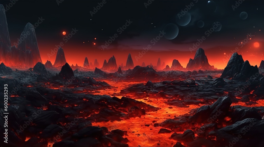 Alien planet with lava and magma. AI generation