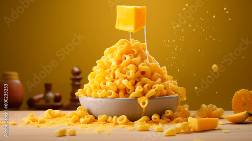 A steaming hot bowl of creamy mac and cheese, with perfectly cooked elbow macaroni coated in a golden cheddar cheese sauce, Generative AI photo