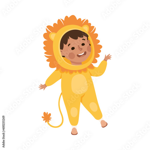 Fototapeta Naklejka Na Ścianę i Meble -  Little Boy Actor in Theater Costume of Lion with Mane Showing Performance Vector Illustration