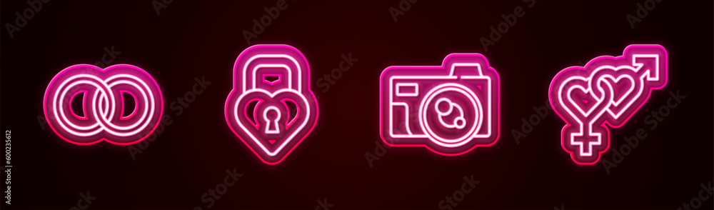 Set line Wedding rings, Castle the shape of heart, Photo camera and Gender. Glowing neon icon. Vector Set line Wedding rings, Castle the shape of heart, Photo camera and Gender. Glowing neon icon. Vector
