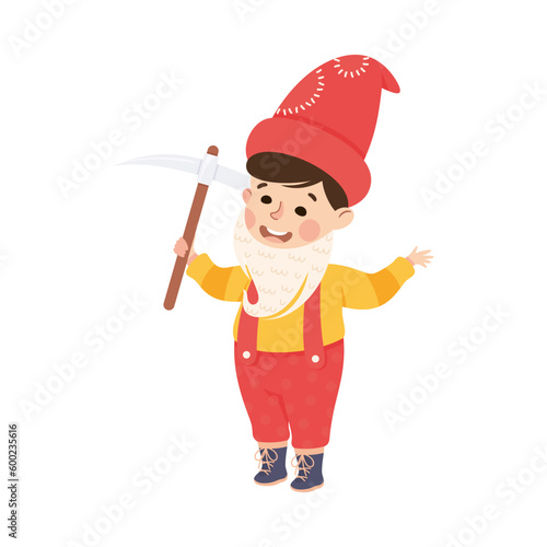 Little Boy Actor in Theater Costume of Gnome with Pickaxe Showing Performance Vector Illustration