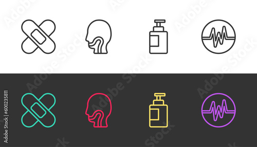 Set line Crossed bandage plaster, Sore throat, Hand sanitizer bottle and Heart rate on black and white. Vector