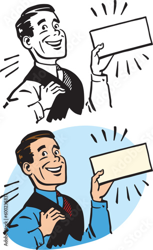 A vintage retro cartoon of a businessman holding up a blank piece of paper. 